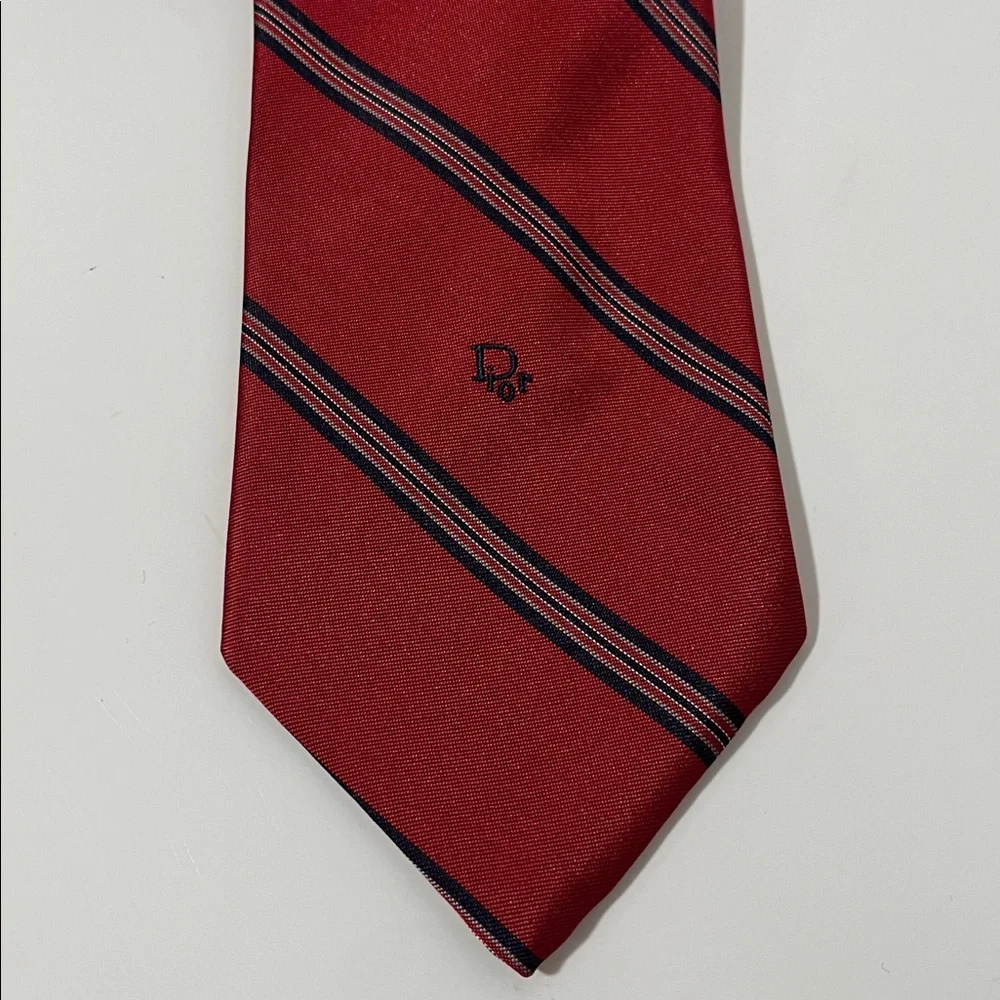 Christian Dior Red w/ Grey & Navy Stripe Tie 58” silk made in the USA